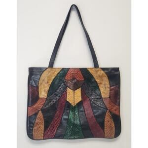 Vintage Women Multi-Color Snakeskin Patchwork Tote Handbag